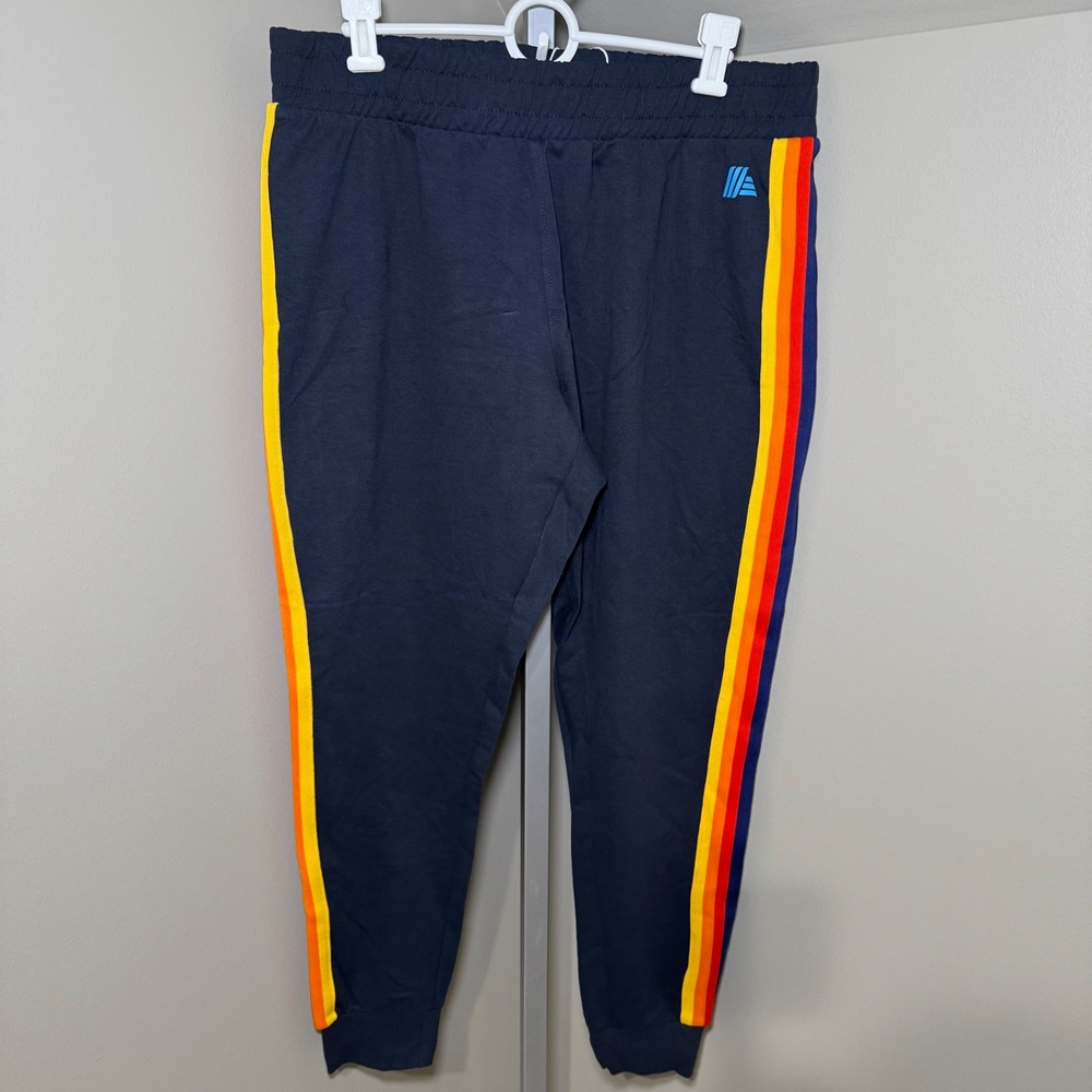 Aldi Gear Ladies Jogger Navy Blue Rainbow Stripe Sweatpants Large NWT